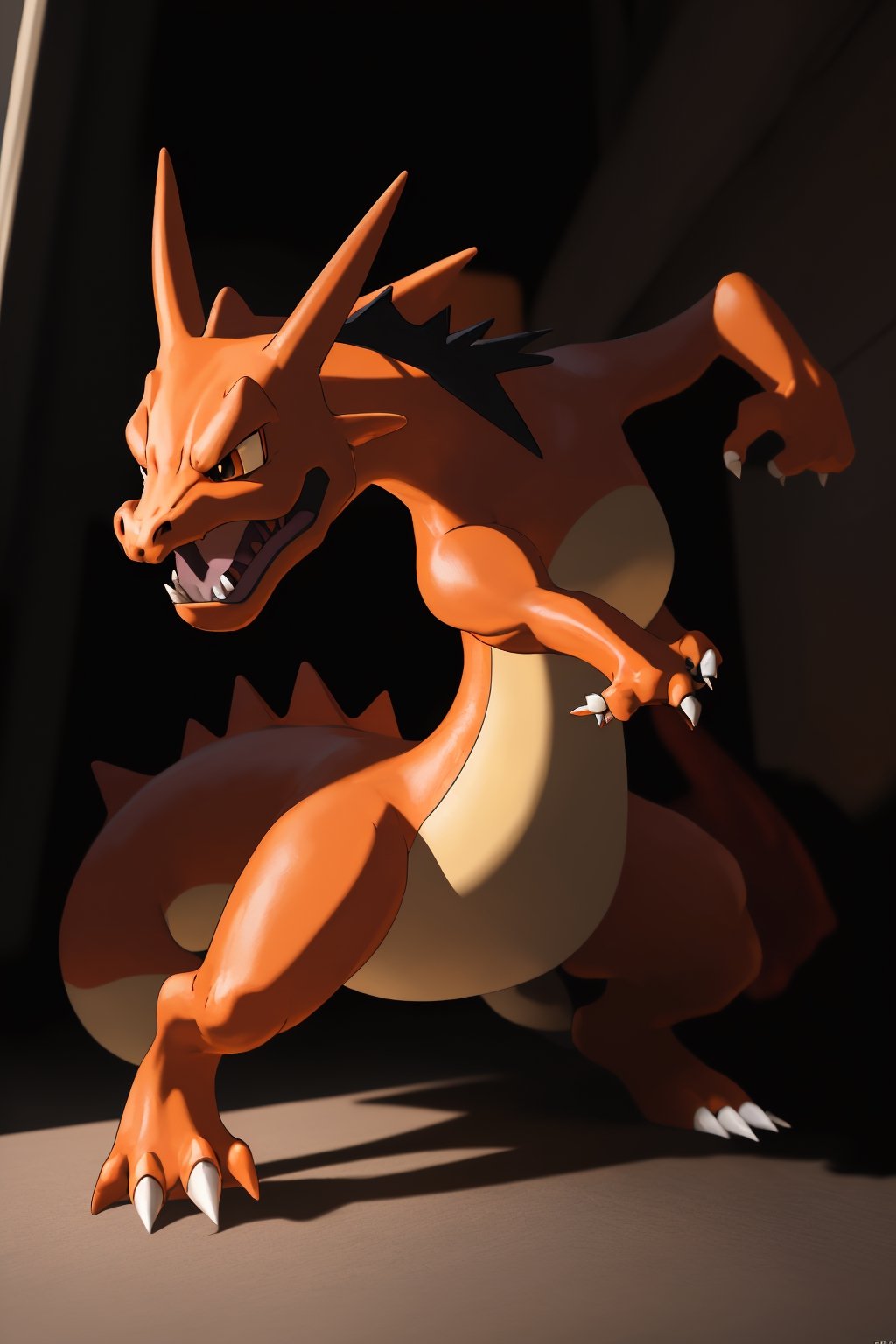 photo of the most beautiful artwork in the world with Charizard, Pokémon, full body 4k unit render, action shot, skin pores, very dark lighting, intense shadows, detailed detailed face (vibrant, photorealistic, realistic, dramatic, dark, sharp focus, 4k)