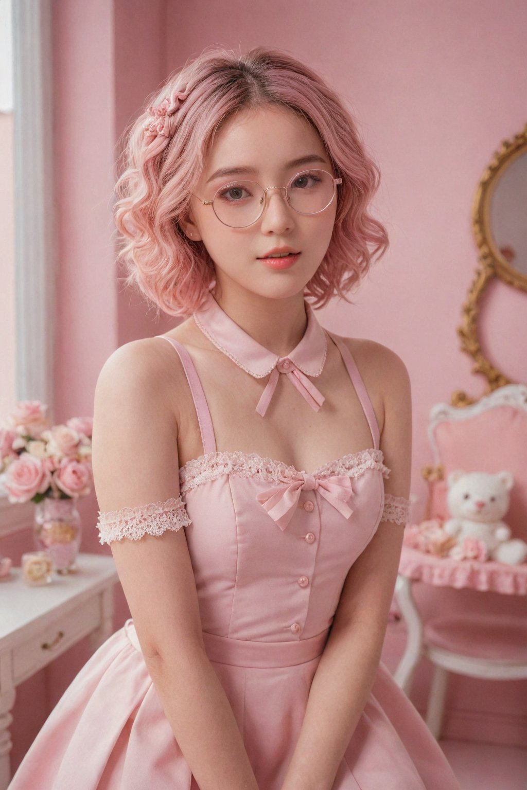(masterpiece, cinematic, photorealistic, realistic details, dynamic light & pose, high quality, perfect lighting), More Reasonable Details, hubggirl, BREAK, A cheerful girl in a pink-themed outfit, surrounded by a pastel pink room filled with cute decorations, her pink hair styled in short curls, round glasses