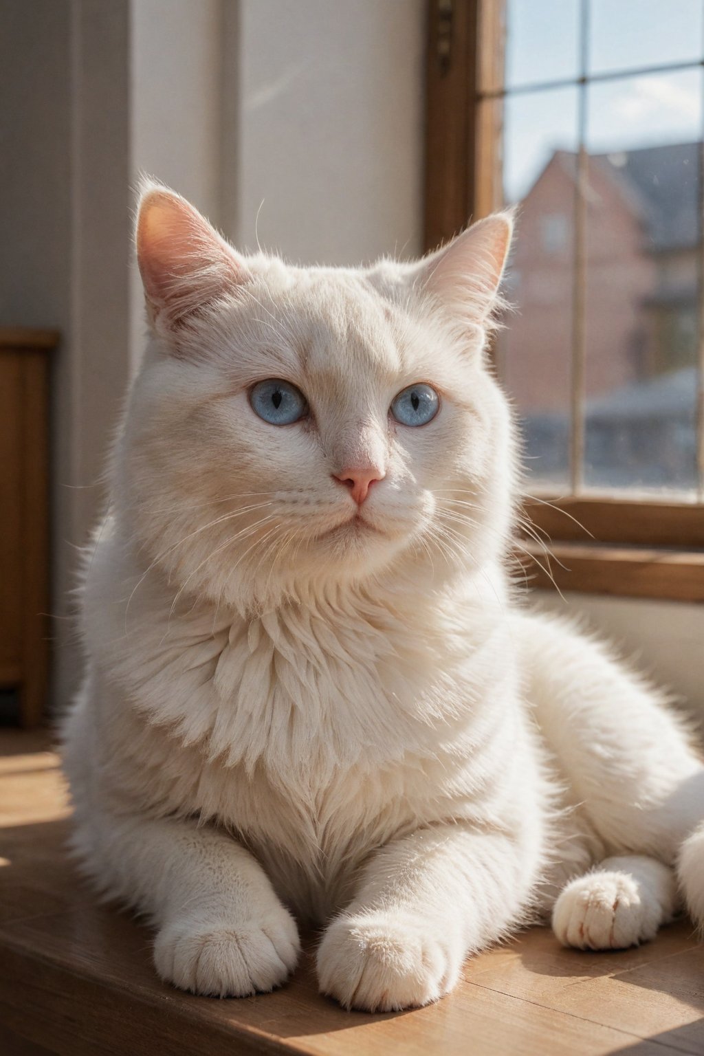 (masterpiece, cinematic, photorealistic, realistic details, dynamic light & pose, high quality, warm lighting), More Reasonable Details, BREAK, A fluffy white cat with bright, blue eyes, lying gracefully on a windowsill, with sunlight streaming in and casting a warm glow on its pristine fur.