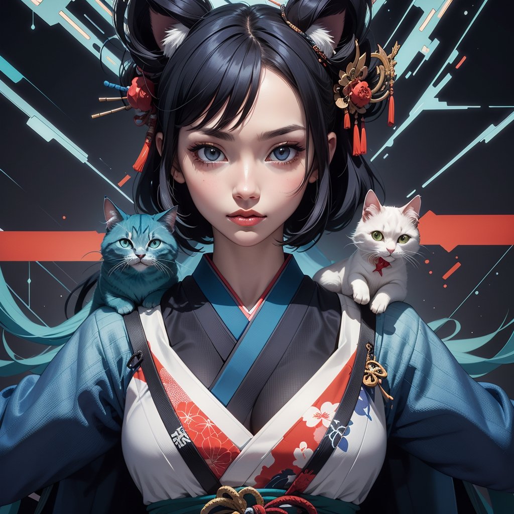 in the style of ((glitch art)), a beautiful illustration of a cat dressed as anime geisha, with bold colors and digital collage in the style of Katsuya Terada and James Jean. High details and intricate patterns create a masterpiece with a full body shot. Pop culture elements and Japanese design inspire the poster composition and portrait on a large canvas. The editorial photography style is cinematic like a fashion magazine cover