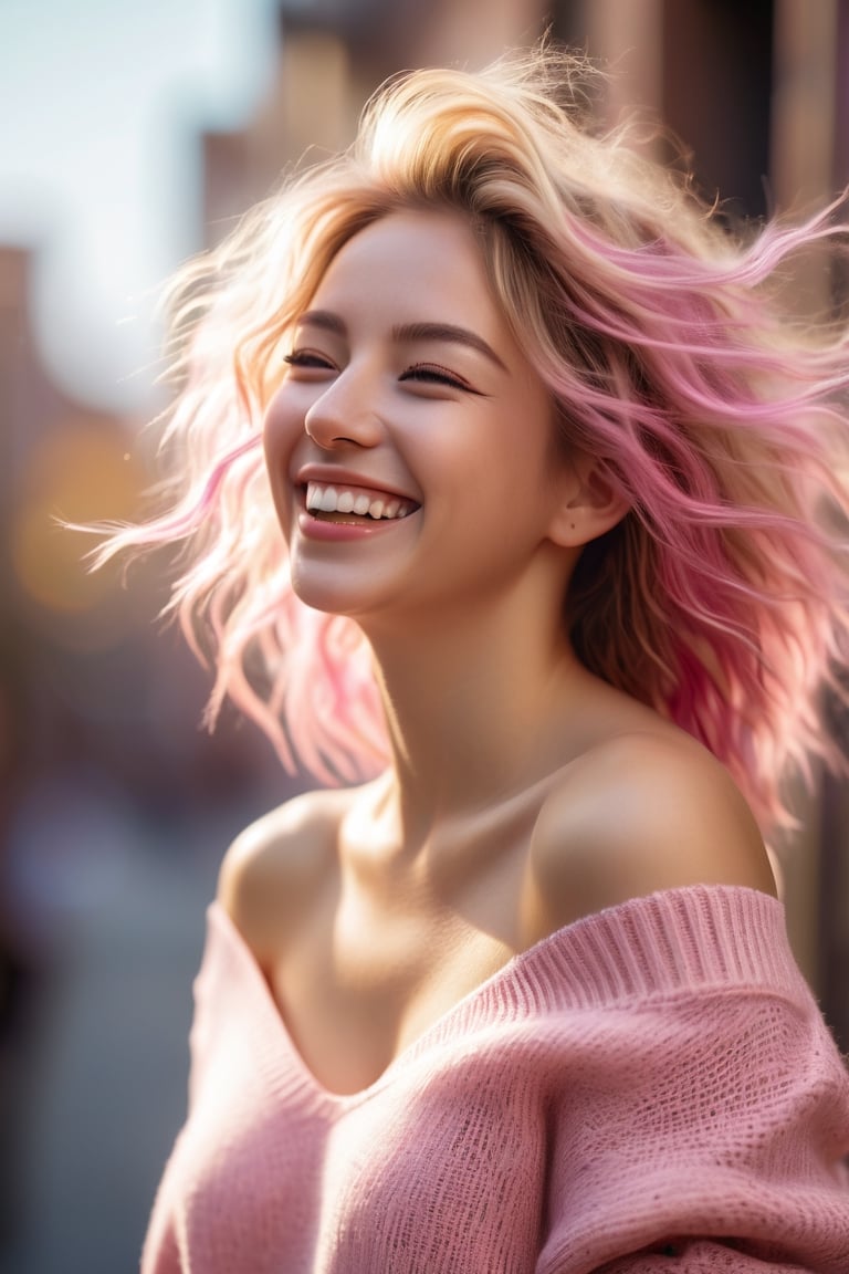 Hyper realistic, ultra detailed photograph of a woman with messy blond hair (pink highlights) wearing an off shoulder slim sweter, laughing out loud and dancing, sunlight fractal details, depth of field, detailed gorgeous face, natural body posture, captured with a 85mm lens, f4.6, bokeh,ultra detailed, ultra accurate detailed, bokeh lighting, surrealism, urban settin, ultra unreal engine, intricate, epic, 