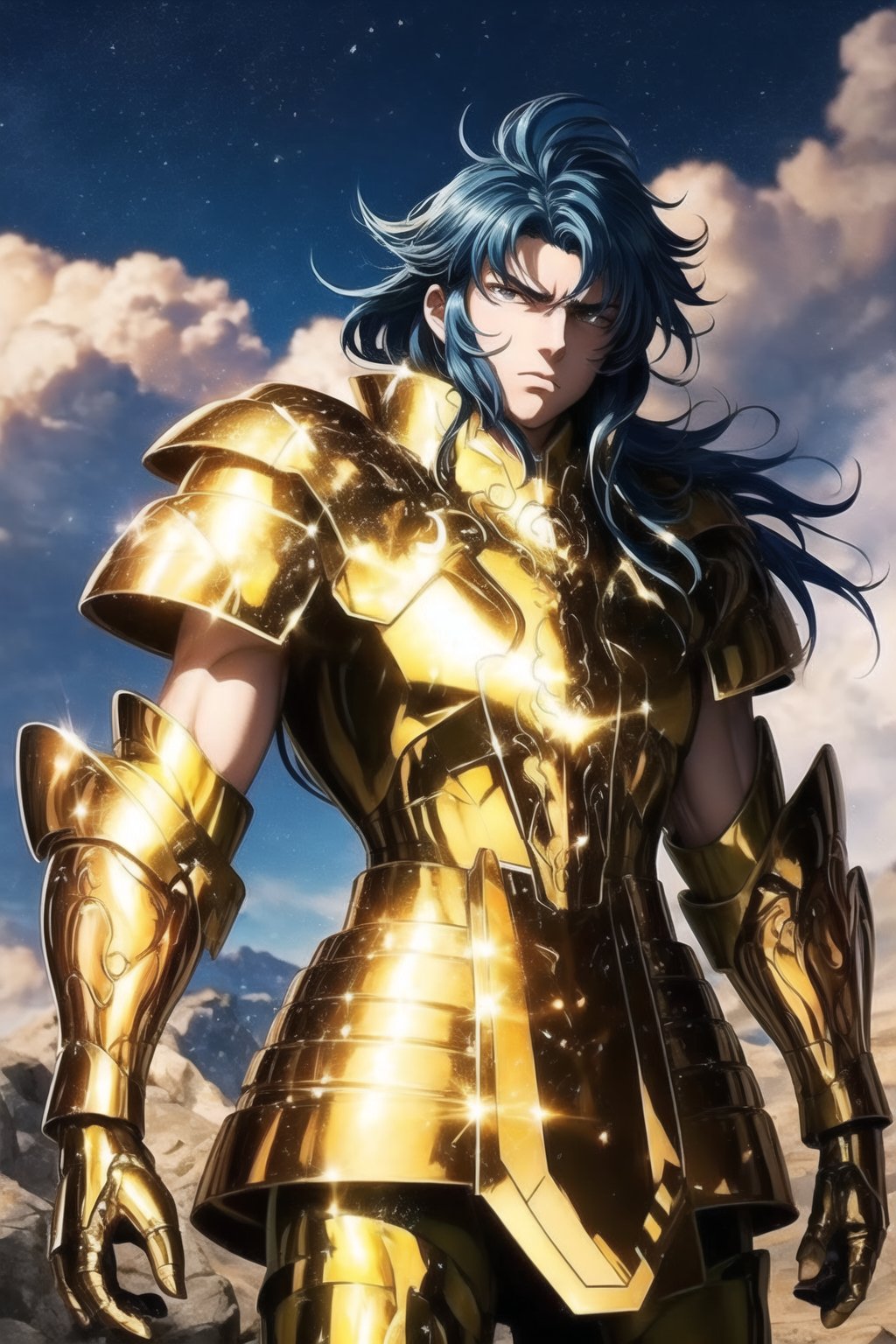 (Extremely detailed CG uniform 8k wallpaper, masterpiece, best quality, super detailed), a male anime character wearing golden armor, in a picture showing his outfit, 1boy, golden armor, male focus, handsome face , dark blue wavy hair, armor, solo, zoom layer, Gemini armor cloud, trending on Artstation, fantasy00d, Saga