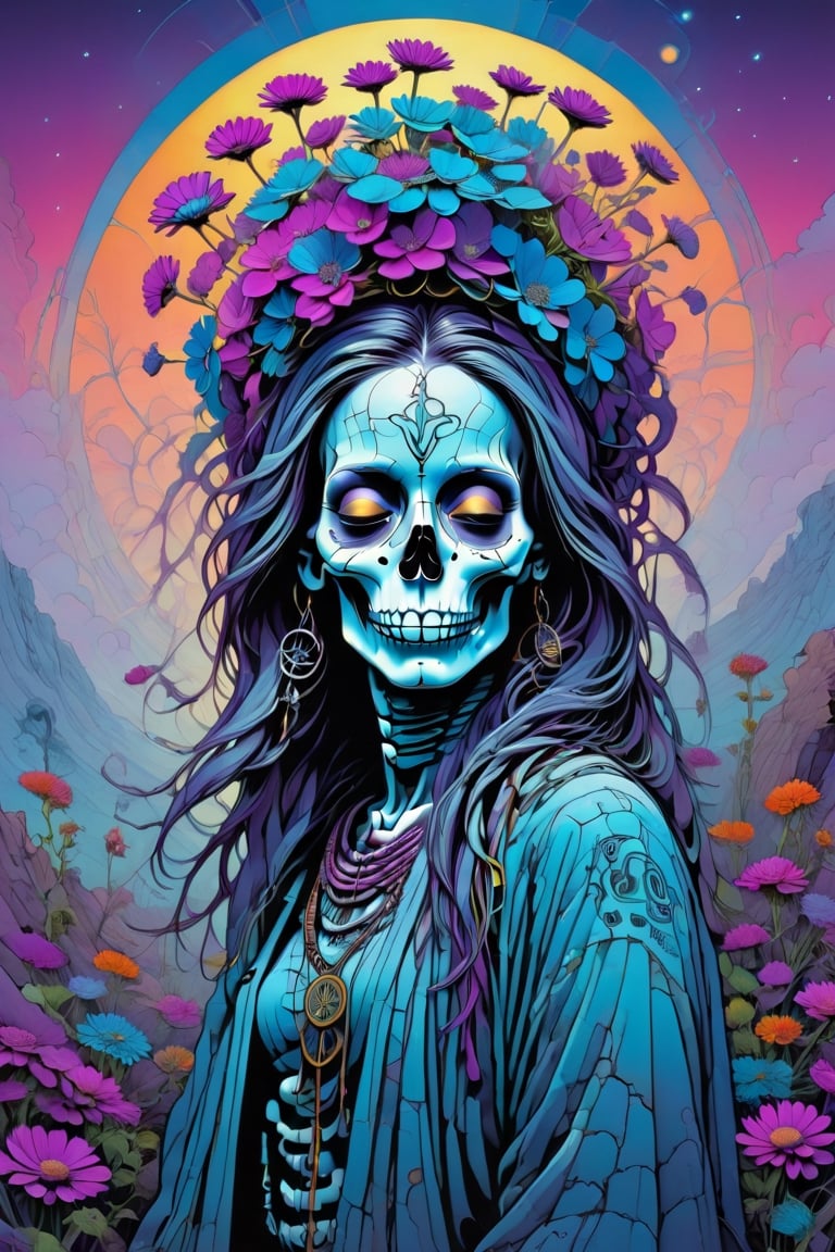 The Old Soul: “A beautiful free-spirited female skeleton with long, flowing hair decorated with daisies and peace signs, thumbing a ride on a desert highway. The backdrop is a psychedelic sunset, with a vintage van and a trail of colorful music notes, UFOs above, anime, cartoon, magical, tarot card, shadowy caravan Modern art style on the theme of paradise in style of Stefan Gesell, golden ratio. bioluminescent chiaroscuro transparency,  chakra,  with aura glow delicate  glacial chakracatcher that is a portal.,T-shirt design