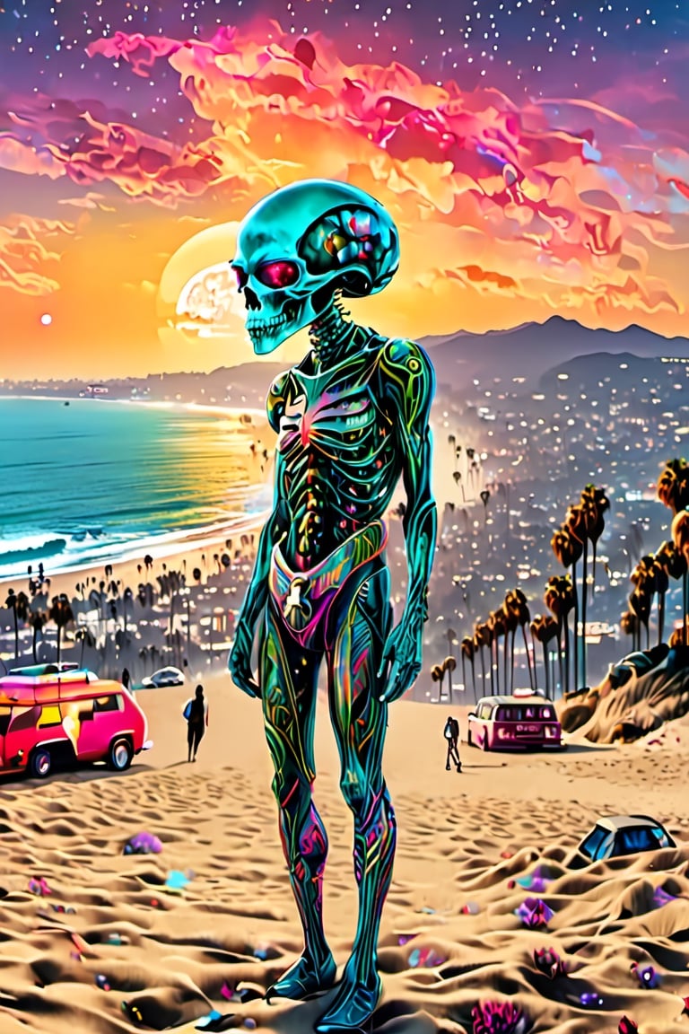 An alien on the beach in Los Angeles with the Hollywood Hills and LA skyline background, in a tarot card, highly detailed, half skull face, cinematic, 8k, style by stanley artgermm, tom bagshaw, carne griffiths, hyper detailed, full of bright bold colors, flowersupper body,
