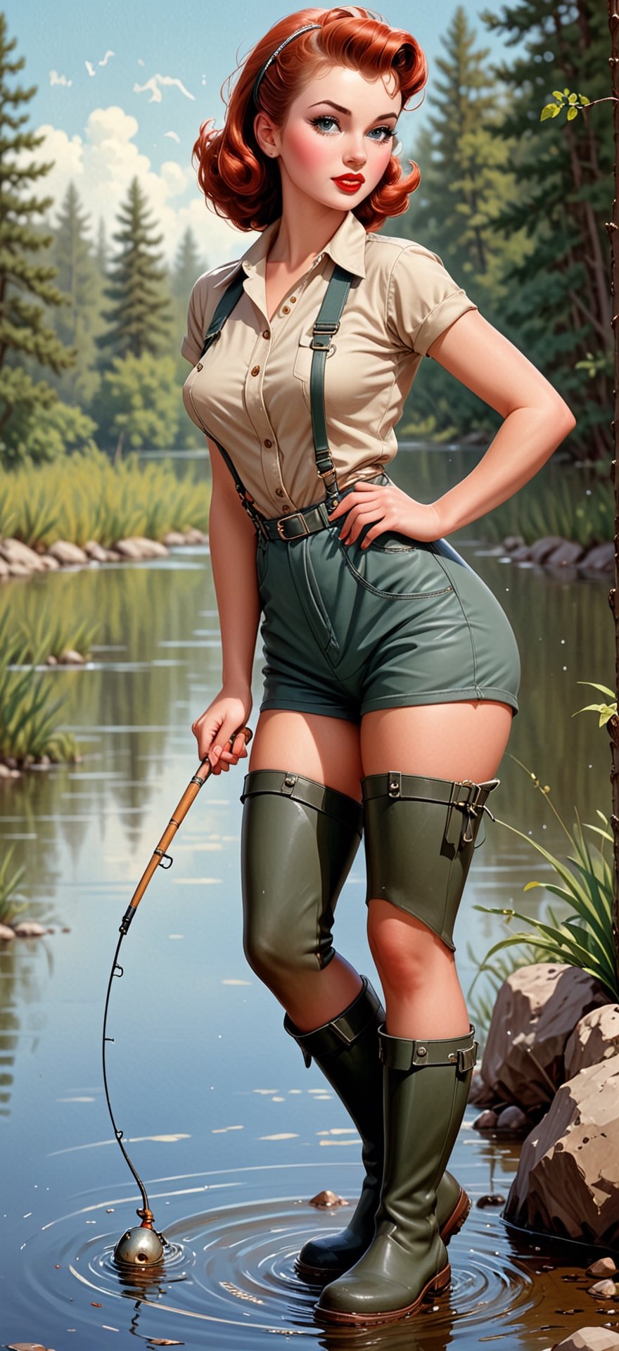 a classic 1950’s pinup, outdoor magazine cover, beautiful young woman wearing hip waders,fishing,,<lora:659095807385103906:1.0>