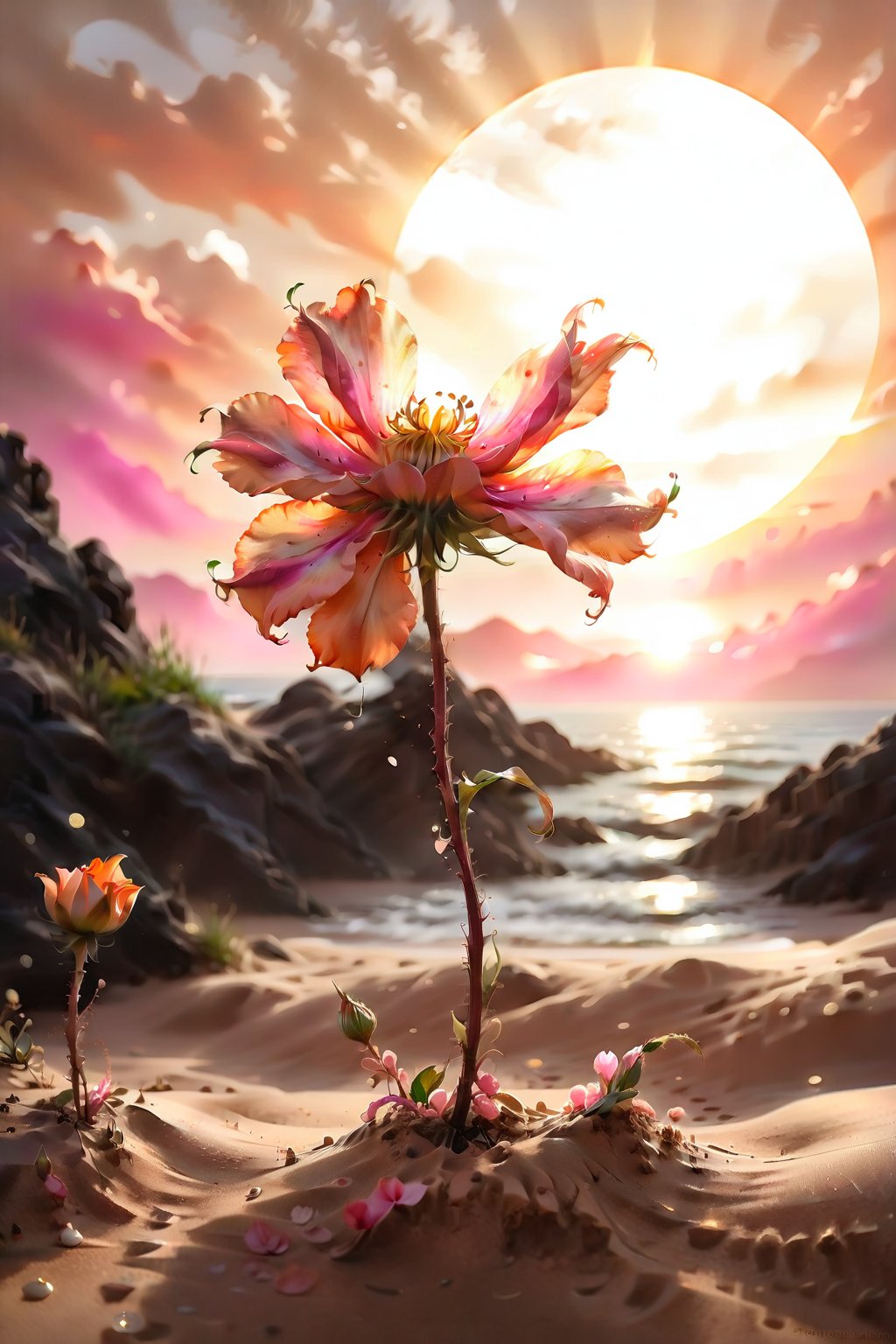 Soft focus captures the whimsical moment: a waning watercolor flower, its petals unfolding like a gentle sigh, floats effortlessly across a sun-weathered sandy dune. The stem stretches towards the setting sun, where vibrant orange and pink hues radiate