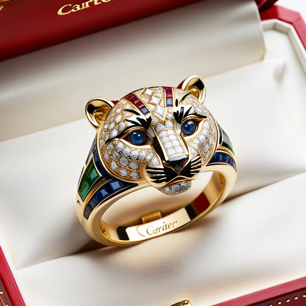 (((Text "Cartier": 1.7))) in the ring, (((Text "Cartier": 1.7))) , (((Text "Cartier": 1.7))) , Realism, // Cartier small diamond (beardless, no whiskers) cheetah modeling ring, big eyes, ring platform yellow gold, (pear_cut Sapphire eyes,  three-dimensional, ruby, sapphire, Emerald, shiny, sharp focused eyes), ((light red box)), masterpiece, (extremely detailed, fine touch:1.3), professional, award-winning, intricate details, 16k, Epic, concept, meticulous details, silky seat, soft lignt,more detail XL,Text, sideways,artint