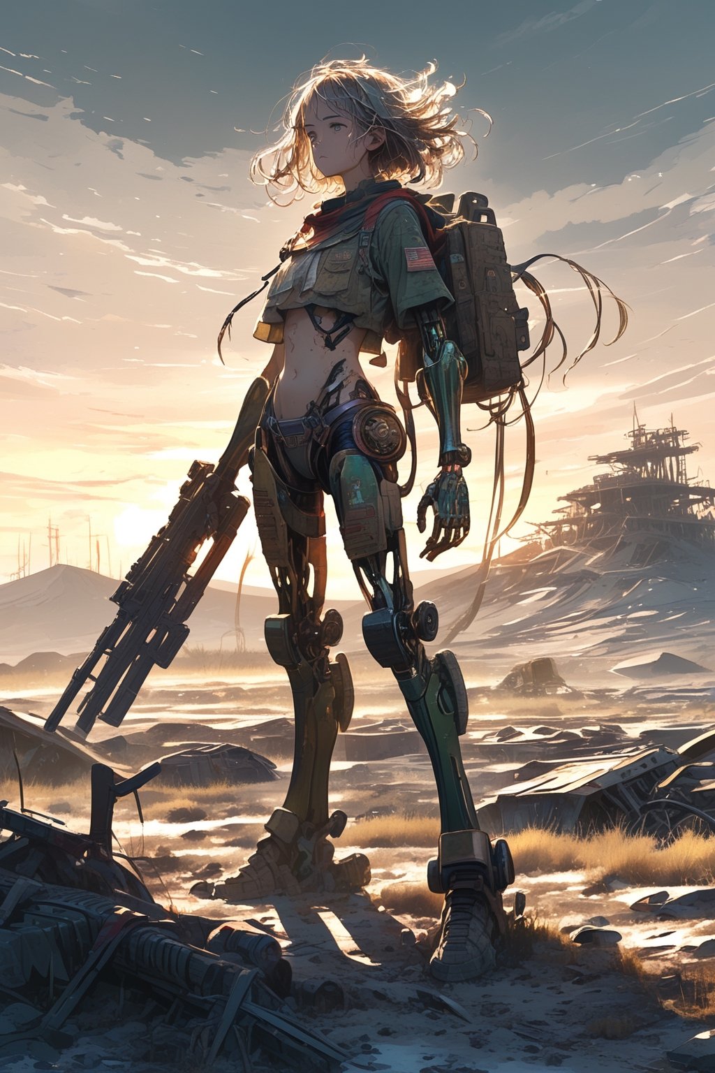 (Masterpiece: 1.2), the best quality, ultra-detailed, 8K, (perfect hands,  perfect anatomy), (an individual), (((aliens and robots ))) are combined, the left half is alien, and the right half is a robot, which appears in the wilderness with a translucent anatomy, with a wasteland style in the background. Heavy machine gun, view, full body, front view, movie backlight, backlight, wasteland background,