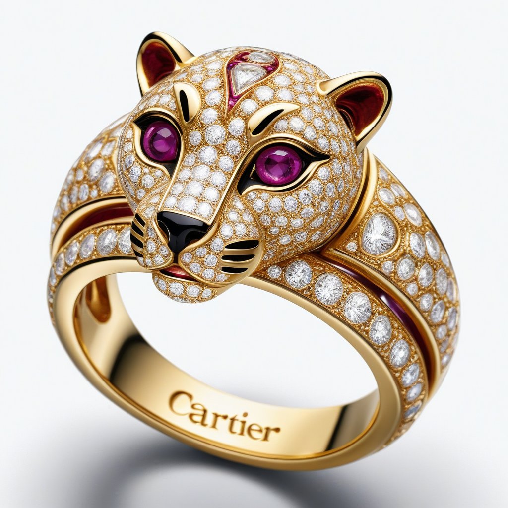 (((Text "Cartier": 1.7))) in the ring, (((Text "Cartier": 1.7))) , (((Text "Cartier": 1.7))) , Realism, //Cartier small diamond (beardless, no whiskers) cheetah modeling ring, oversized eyes, ring platform yellow gold, (radiant ruby eyes, pear cut, three-dimensional, shiny, shiny, sharp focused eyes), Dark purple seat,  The beautiful women around the ring smiled and amazing, masterpiece, (extremely detailed, fine touch:1.3), professional, award-winning, intricate details, 16k, Epic, concept, 
meticulous details, silky background, soft lignt,more detail XL,Text, 