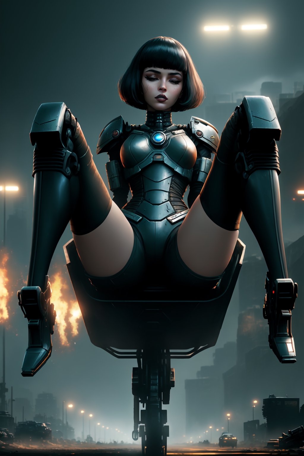 (Masterpiece: 1.2), (an individual), (eyes closed:1.2), （heavy gun:1.3),  full body, best quality, ultra-detailed, 8k, HDR, highres,（absurdres:1.2）, a mechanical robot-human hybrid woman, sits on a slowly descending metal flying chair,  (show legs), gothic woman head, bob haircut, short hair, makeup, parted lips, black lipstick, eyeliner, with a bob haircut with bangs, robot’s body and legs with a detailed anatomical view, mechanical structure legs, chair on a wasteland, hand with a heavy machine gun, facing forward, front view, from below, movie backlight, backlight, wasteland background, dark theme, sci-fi,