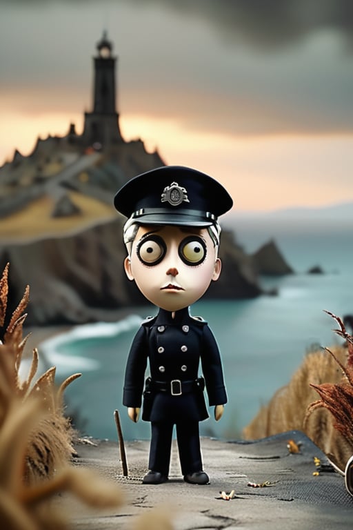A stunning pupped doll artwork. Imagine  ((creepy policeman)), he has (black uniform and hat:1.4) short White hair moves away with its back to the observer on a road with mountains on the left and the sea on the right (((a circular ruined tower on a promontory overlooking the sea))) Everything is depicted as if it were a masterpiece of animated puppets. The image is in high resolution and features dark and gloomy tones, typical of the horror style of Tim Burton’s animations.