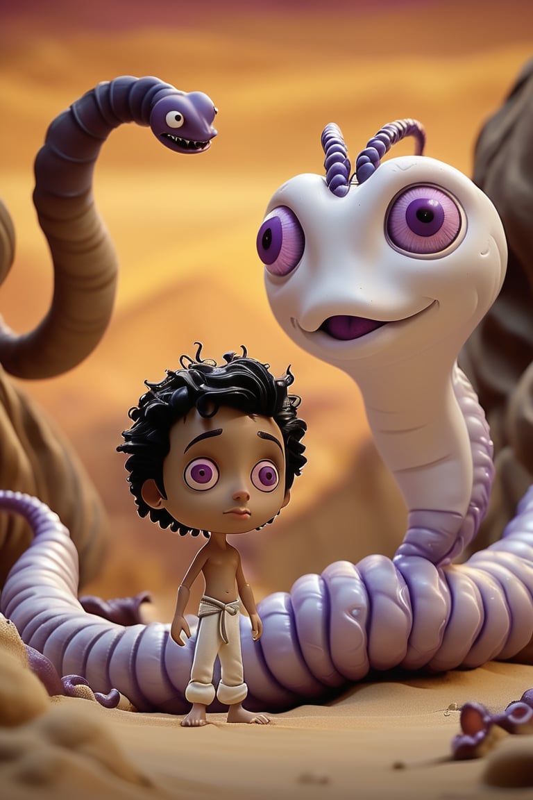 A stunning pupped doll artwork. Imagine  ((creepy Aladdin)), (shirtless:1.5), and white harem pants, he has (big potato nose and lips:1.4) short curly black hair. Aladdin fights against a (purple and White giant worm:1.8) in a ((desert Oasis scenario)) Everything is depicted as if it were a masterpiece of animated puppets. The image is in high resolution and features dark and gloomy tones, typical of the horror style of Tim Burton’s animations