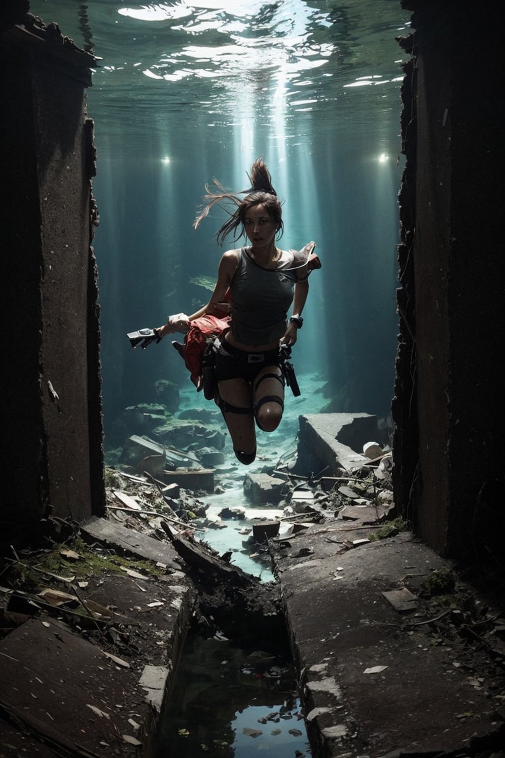 Here's a prompt for an image:

Lara Croft, dressed in adventurer attire, leaps from the depths of a derelict underwater ruin. The camera frames her mid-jump, just as she breaks through the surface of the water, illuminated by a faint, glistening glow emanating from within the ancient structure's crumbling walls. The surrounding darkness is punctuated only by the eerie glow and the scattered rubble on the partially submerged floor, with broken plaster and worn-out floorboards visible in the distance. Her wet clothing clings to her body as she emerges into the dimly lit atmosphere of this forgotten tomb.