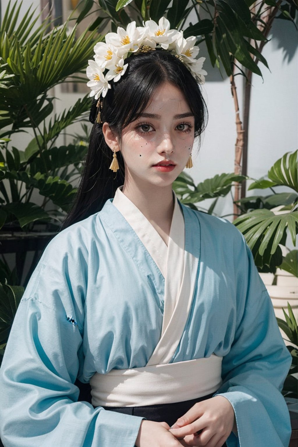 long hair, looking at viewer, black hair, hair ornament, long sleeves, jewelry, upper body, ponytail, flower, male focus, earrings, multiple boys, hair flower, 2boys, bird, chinese clothes, tassel, realistic, hair stick, hanfu