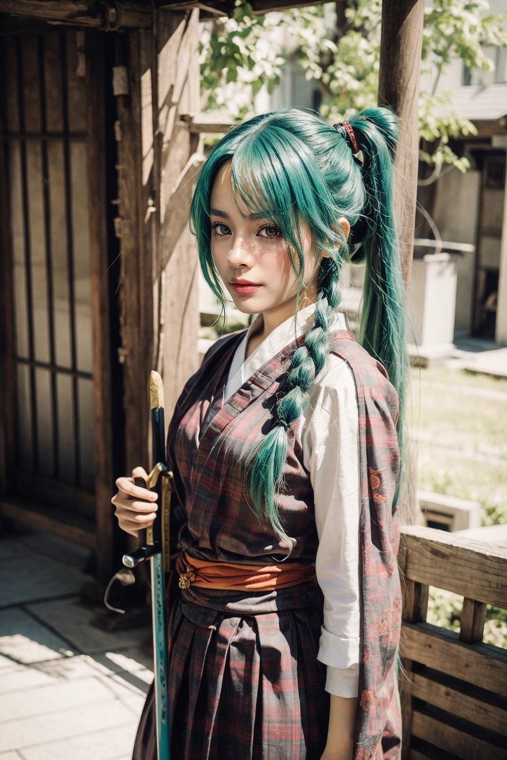  ((1 female)), Hatsune Miku, petite girl, full body, chibi, 3D figure little girl, green hair, twin tails, beautiful girl with attention to detail, beautiful delicate eyes, detailed face, beautiful eyes, Japan's Sengoku period samurai, wearing traditional samurai armor, holding a sword, holding a sword, one-handed sword, detail, dynamic beautiful pose, dynamic pose, Gothic architecture, natural light, ((realistic) ) Quality: 1.2 )), Dynamic Distance Shot, Cinematic Lighting, Perfect Composition, Super Detail, Official Art, Masterpiece, (Best) Quality: 1.3), Reflections, High Resolution CG Unity 8K Wallpaper, Detailed Background, Masterpiece, (Photorealistic): 1.2), Random Angle, Side Angle, Chibi, Full Body, Mikdef