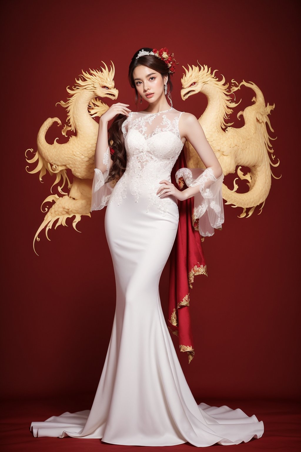 A charming portrait of a stunning bride: girl with wavy hair, body proportions 1:3. Her red silk Chinese style dragon and phoenix bridal gown glowed against a clear, vibrant background. The bride's elegant and intricate bridal hairstyle draws attention to her toned legs and alluring physique as she stands confidently in the camera.