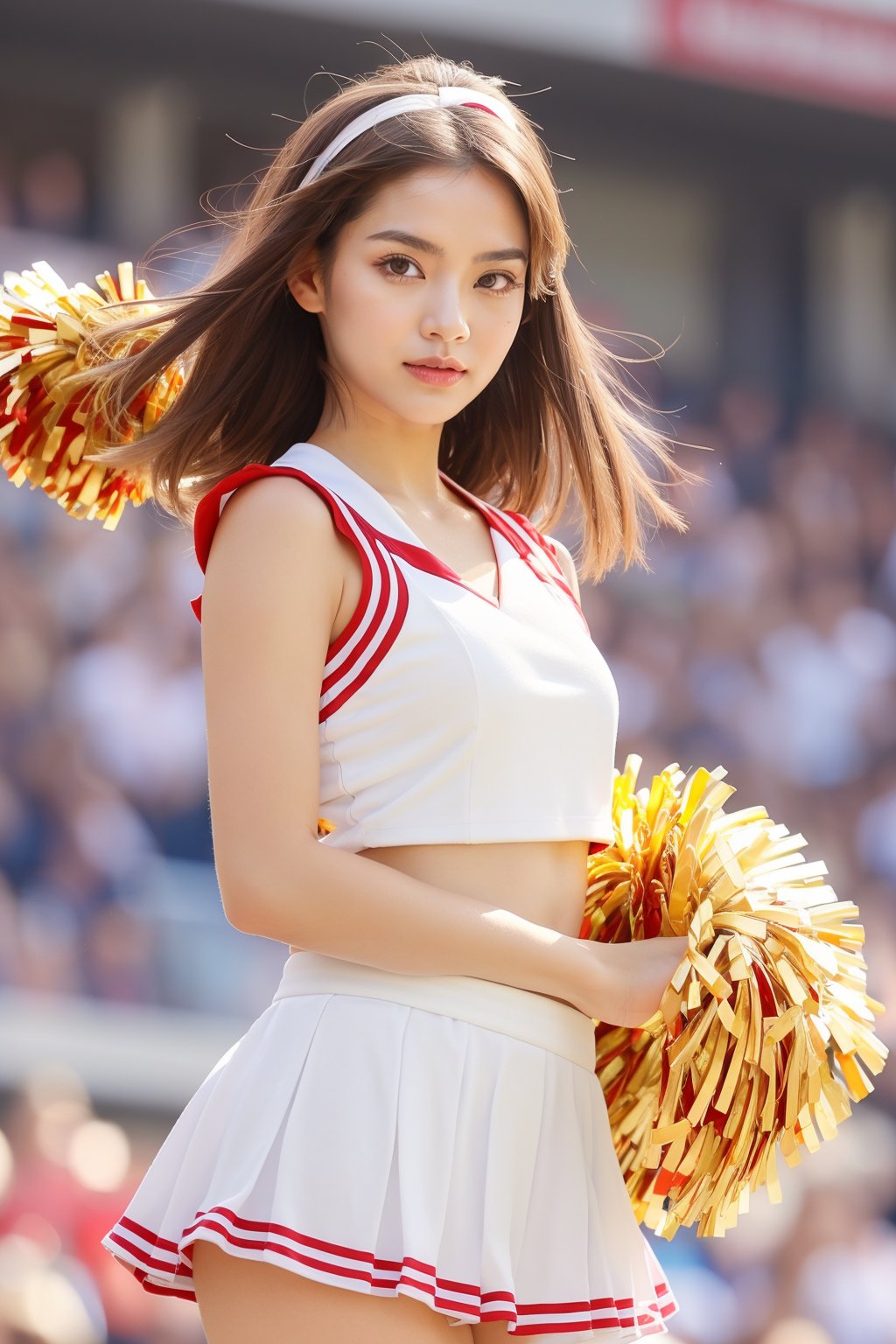 Maximalism, masterpiece, top quality, 8k, high resolution, super detailed, absurd, vivid contrast, insanely detailed,
BREAK
1girl, (Beautiful face, brightly colored shining eyes, clear skin, smile, shiny hair: 1.2),
BREAK
(cheerleader:1.4),
BREAK
baseball stadium,girl,watercolor,milokk