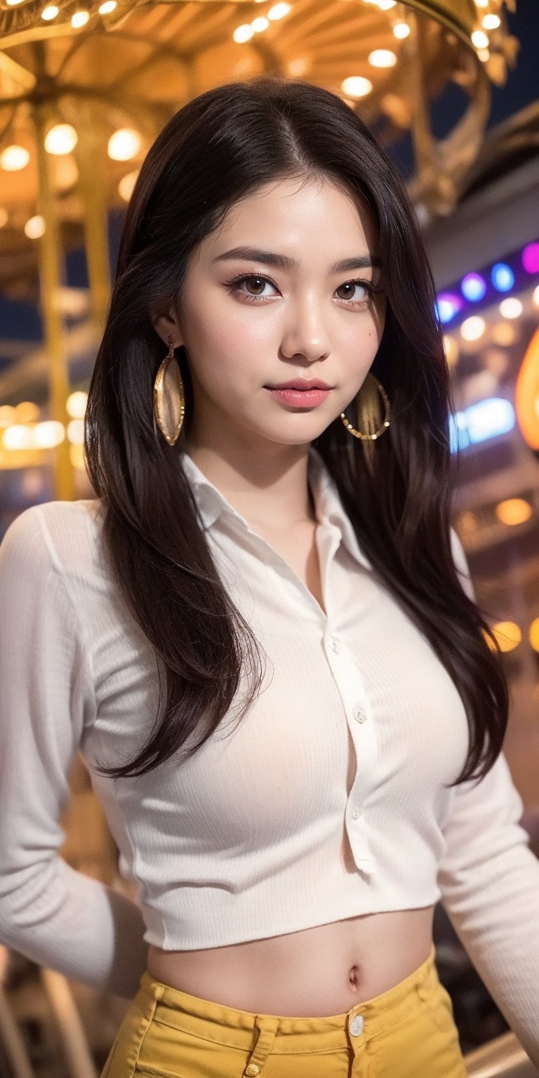 background is amusement park,
18 yo, 1 girl, beautiful korean girl,
wearing white collared long sleeve shirts,short jeans, smile,ride a merry-go-round, solo, {beautiful and detailed eyes}, dark eyes, calm expression, delicate facial features, ((model pose)), Glamor body type, (dark hair:1.2), simple tiny earrings, very_long_hair, hair past hip, bang, straight hair, flim grain, realhands, masterpiece, Best Quality, 16k, photorealistic, ultra-detailed, finely detailed, high resolution, perfect dynamic composition, beautiful detailed eyes, eye smile, ((nervous and embarrassed)), sharp-focus, full_body, cowboy_shot,