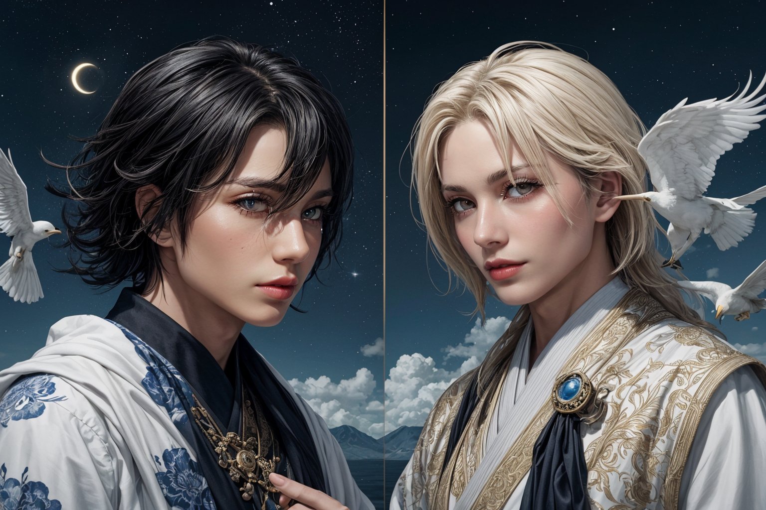 Majestic dual portrait of Japanese male idols, attired in ornate black and white ancient garb, amidst a serene Tai Chi-inspired backdrop harmonizing blue and white hues with celestial elements: stars, clouds, and birds. Golden paint splashes add an air of mythology as the subjects are depicted from multiple angles, exuding an aura of elegance and otherworldliness.,AIDA_LoRA_AnC