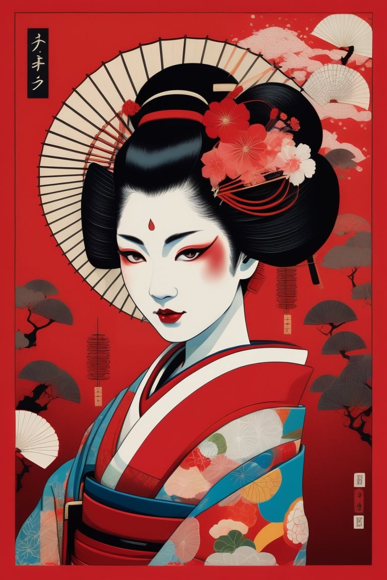 a Portrait of a geisha, in a red background with a few colorful Japanese traditional patterns, along with some small black lines representing different Japanese kanji. The central figure is an abstract representation surrounded by various other floating elements like flowers, trees, or traditional hand fans. in the style of lithography. Inspired by the dadaism movement.