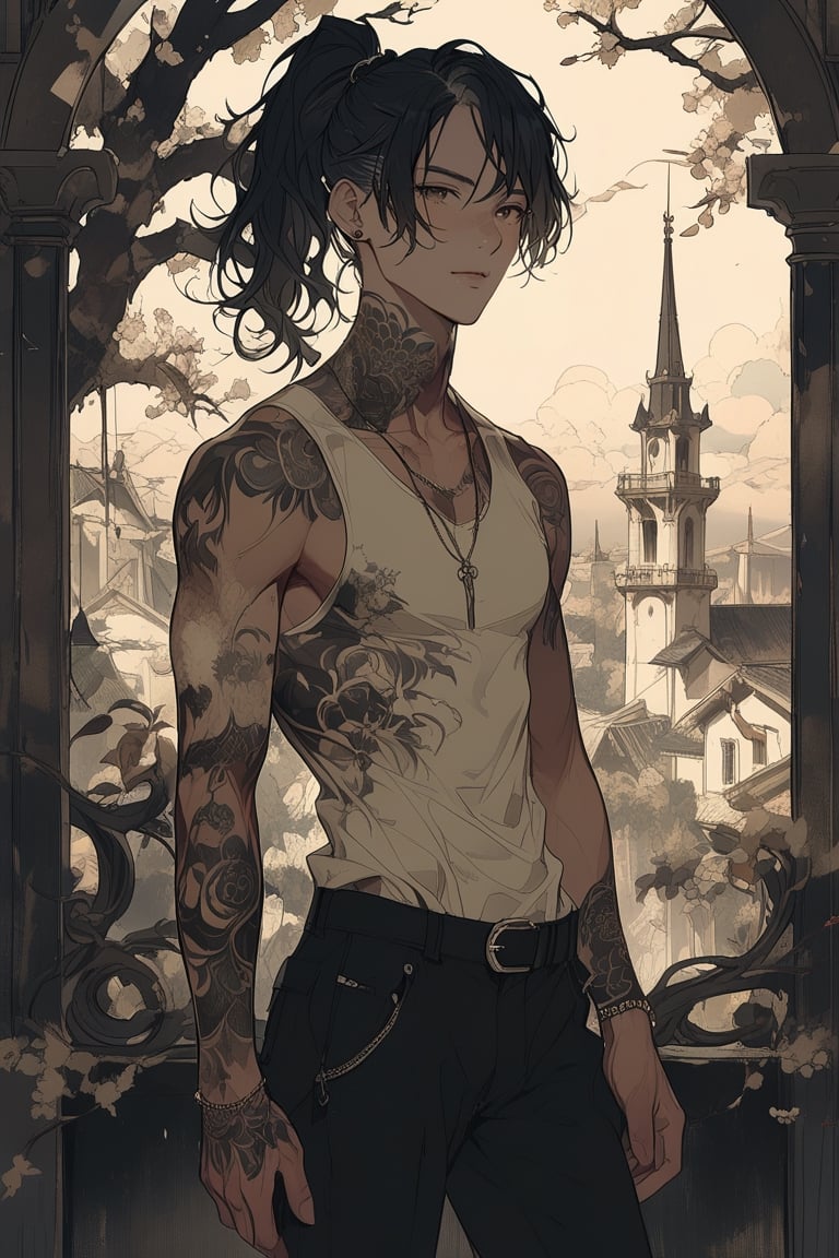 1man, cowboy shot, slender and muscular, vitiligo, black hair, handsome, male ponytail, ear piercings, sad eyes, tattoos on arms, looking off camera, melancholic mood,
masterpiece, best quality, aesthetic,emo,scenery