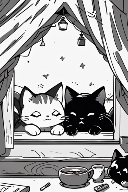 two cats sleeping by the window inside a cozy cottage, masterpiece, best quality, ANIME, CARTOON, CHARACTER,BlackworkStyleManityro, monochrome, greyscale,cat