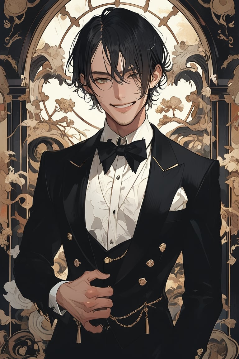 1man, cowboy shot, slender and muscular, vitiligo, black hair, handsome, short hair, ear piercings, grinning, dynamic pose, tuxedo, looking off camera, sadistic mood,
masterpiece, best quality, aesthetic,emo,scenery