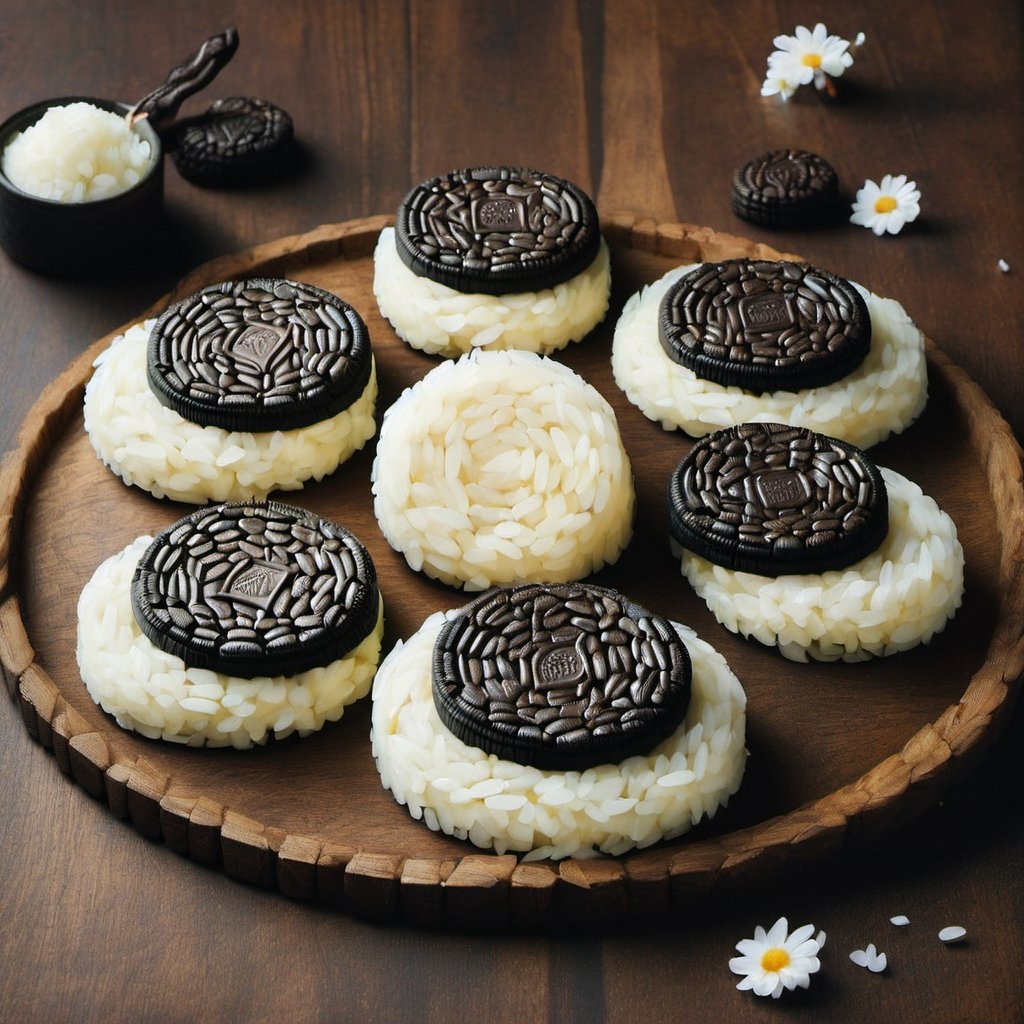 food styling photography print of large delicious oreos with styr cream filling on a carved dark wood tray, styr