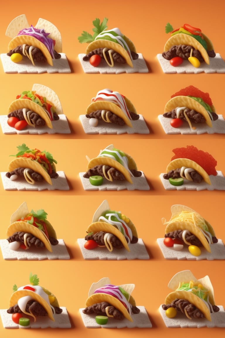 Prompt: A Collage of 3d miniature glass figurines of delicious mexican tacos, containing various fillings, warm colors, in the style of arr & emotions