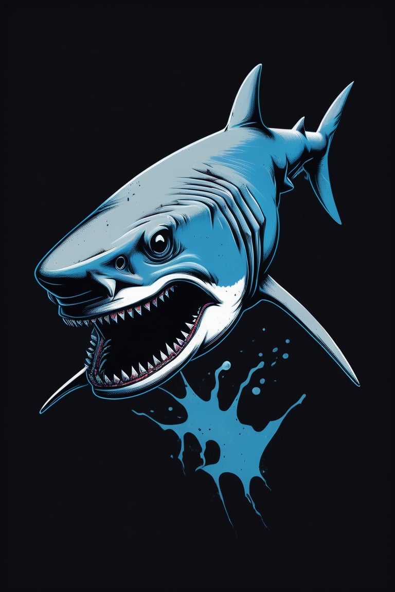 A minimal and strange illustration of a zombie shark with a color scheme of deep blacks, grays, and blues, using risograph and serigraph printing techniques, inspired by the surrealism art movement and weirdcore concept art, in profile view, with no background for a T-shirt design on a black background 