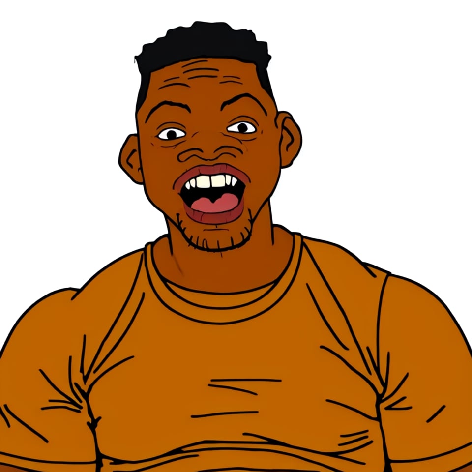 (sheeeit), 1boy, black, will Smith, old man, buzzcut, ("black tanktop"), big-teeth, big-nose, big-lips, closeup, white backdrop, ("wojak caricature" style), (highres, best quality, masterpiece:1.2) ,sheeeit