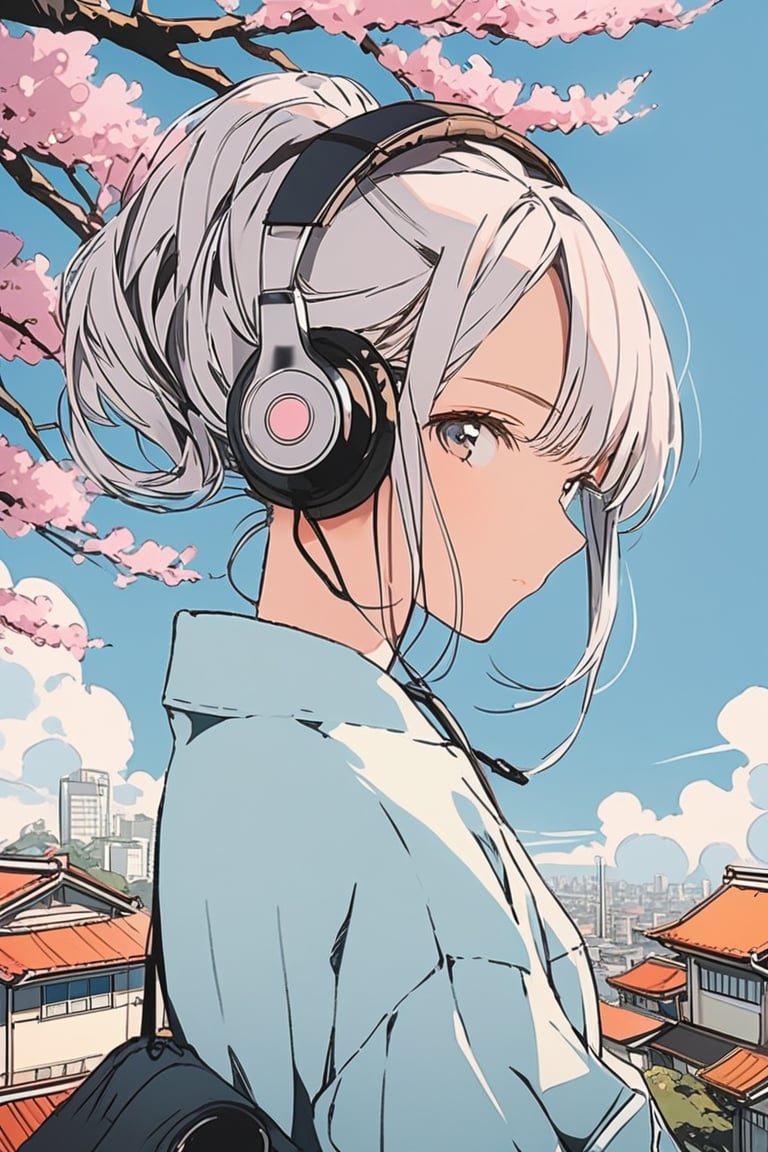high details, high quality, beautiful, awesome, wallpaper paint art, rural tokyo, background sakura tree, picture from above, warm tone, urban woman seinen anime, retro anime, white hair, side face, with headphones, fashion pose, shadow details, epic draw