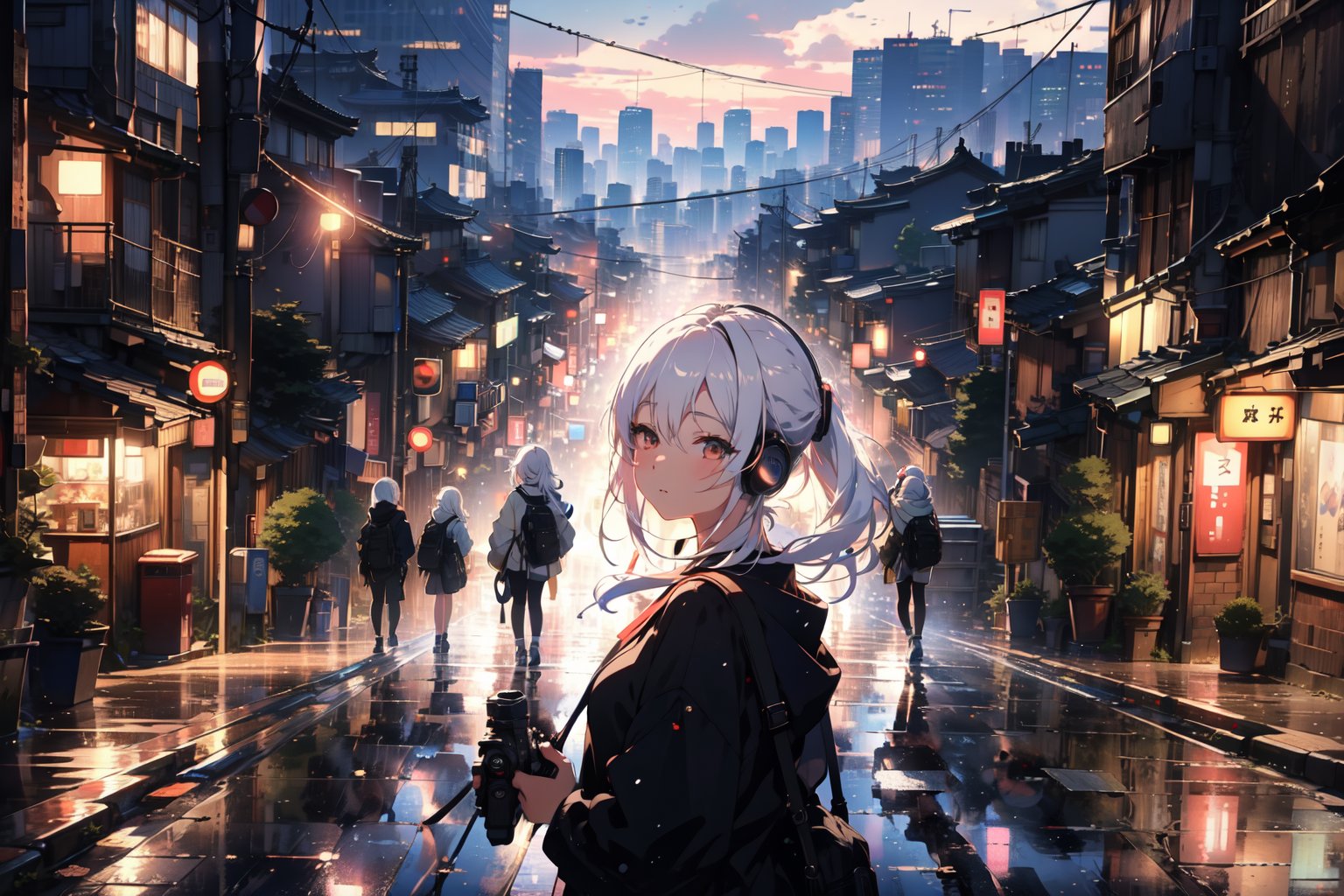 high details, high quality, beautiful, awesome, night, street urban tokyo, woman anime, from below, looking floor, semi close eyes, fashion clothing, white hair, with headphones in head, urban pose, shadow details, close up shot, Real time shooting with a DSLR camera, ultra realistic and ultra detailed