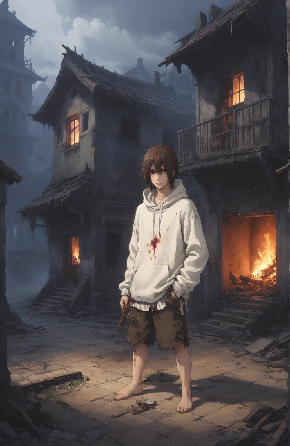 young man, 12 years old, unfriendly face, long straight hair, kneeling, house in ruins, at night, fire, tears, dirty, bloody, gun in hand, wounds on the body, bloody black knee-length shorts, dirty white sweater, chocolate coat placed in one hand, barefoot, good quality, making it look as real as possible, HD, light background, destroyed house in ruins, detailed background.,2d game scene,kanade_yuzuriha,XSWB,Masterpiece