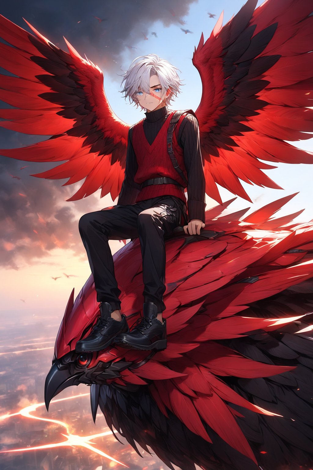 16-year-old boy, white hair, black short-sleeved sweater, black and red vest, black knee-length military pants, scar on his left eye, blue eyes, riding a giant black and red 4-winged bird.