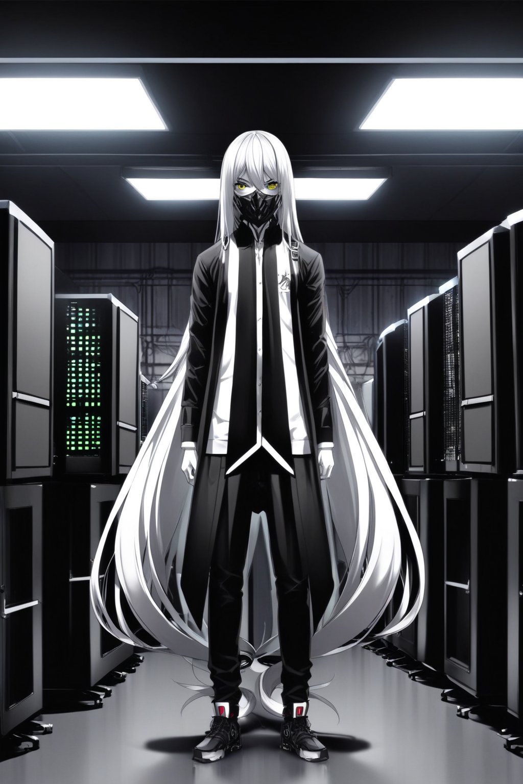 16 year old boy, white hair, very long hair, with a black face mask that covers the entire face, the entire face covered, long black robe down to the feet, dark background, and white shirt, looking at the viewer, full body 1 ,40 meters, dark room, and behind some computers with a dark background.,yuu_ishigami