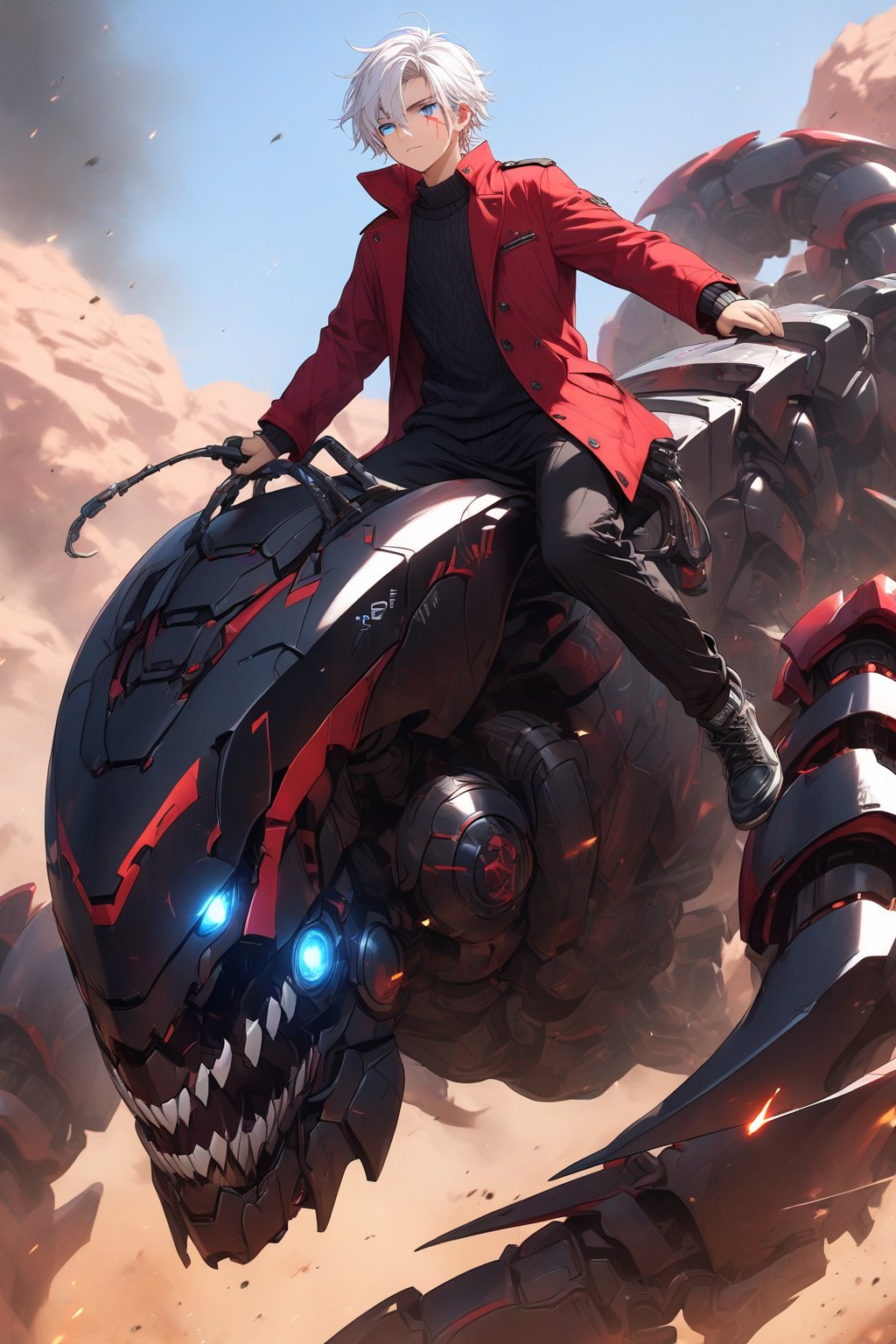 16-year-old boy, white hair, black short-sleeved sweater, black and red coat, black knee-length military pants, scar on left eye, blue eyes, riding a giant mechanical scorpion