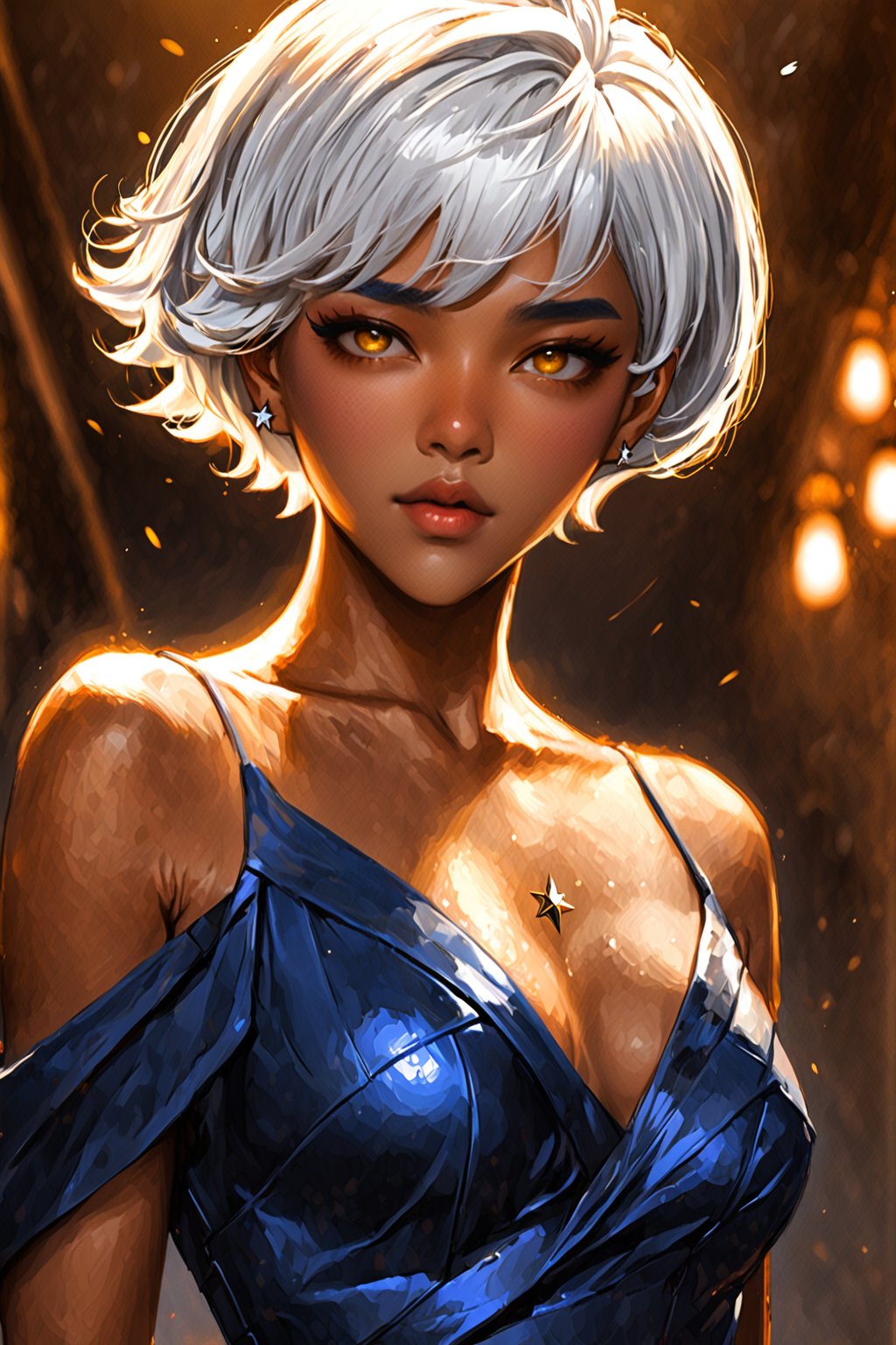 beautiful lady with theme of fantasy and sci-fi, white short hair, yellow eyes, tanned skin, blushy face, beautiful blue make-up, high-heels, (tight navy starlits dress : 1.8), opala jewelry, shine earings, bad-omen concept girl, sensual, starlits skies, midnight cliff, full body view, (uhd, hdr, post-processing, vivid colors, high-contrast, realistic lighting, bloom lighting), (depht of field : 2), (sci-fi character concept art : 1.4), (texture details : 2), (manhwa wallpaper art : 1.4), (yoongonji art : 2.2),