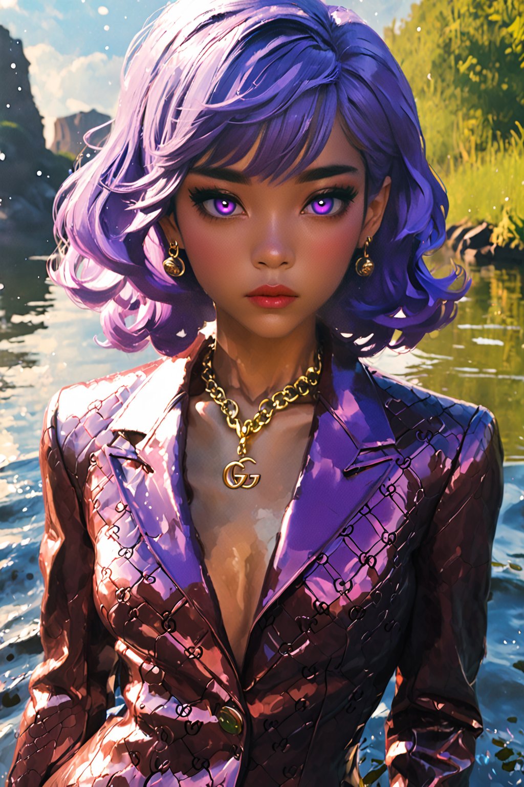 Beautiful sensual woman with perfect body but sad, sad face looking to camera, surrealistic scene, fishes in the skies, cloud skies, fishes waters, (glowing green eyes : 1.8), (wavy light-purple hair : 2), (beautiful make-up : 2), (leather and latex clothes : 1.8), (gucci patterned suit : 2), (jewelry : 2), (earings : 2), (strong female body : 2), (masterpiece), (yoongonji art : 2), (beautiful new world art : 2), (sam does art : 2), (Ilya kuvshinov art : 2), lo-fi atmosphere art, (vivid colors, high-contrast, bloom lighting), (depht of field : 2), beautiful blossom scene, sunrays lighting, 