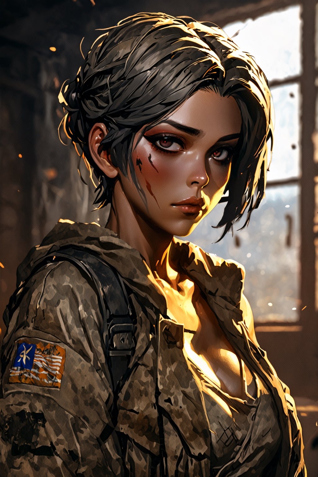 A beautiful post-apocalyptic scene with a sad woman, preocupation face, beautiful gothic make-up, camouflage details, gray eyes, its 40 years old woman, (30-40 years old anime woman : 2), have a definited thick body, (sensual thick body : 2), dressed like a survivor style, dystopian wallpaper art style, dystopian abandoned restaurant, sunlighting entering through the window, (uhd, vivid colors, high-contrast, bloom lighting), (depht of field : 2), (ilya kuvshinov art : 1.6) (sam does art : 1.2), (manhwa wallpaper art art : 1.4), (realistic anime cgi art : 1.2), (masterpiece), make a manhwa sensual art, ,3D