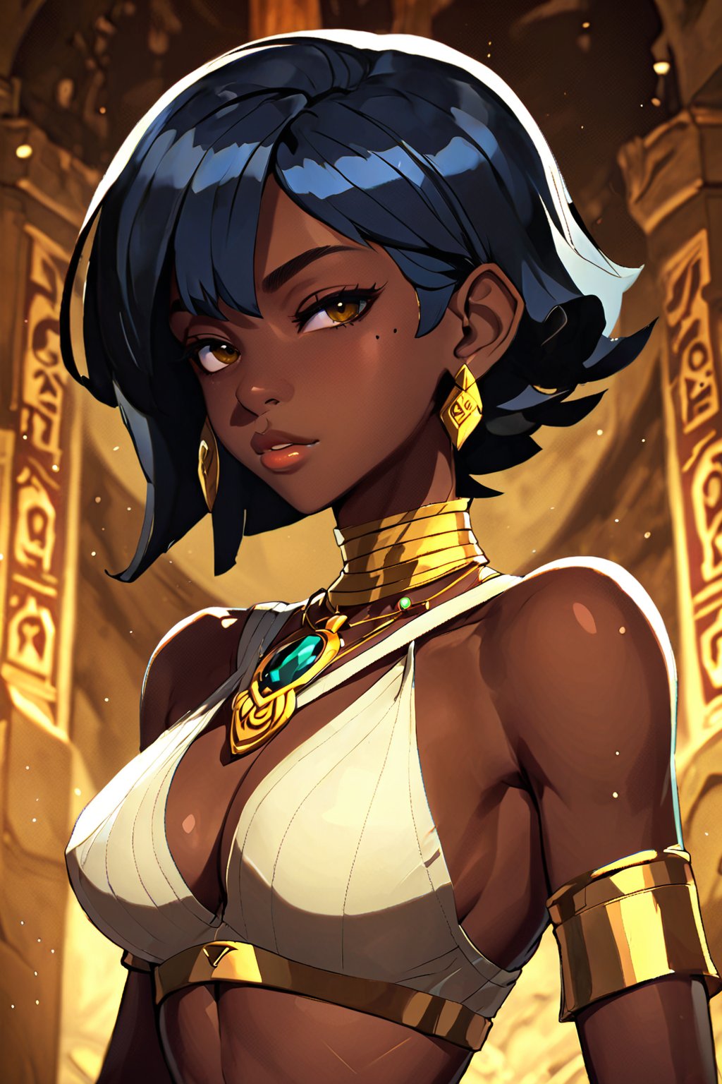 (Art of Eliza of skullgirls), dark-skin elf, egyptian short black hair, golden egyptian jewelry, high-heels, cleopatra like, [Skullgirls Eliza character art : 20], Yoongonji art, Wonderful new world art, (uhd, hdr, post-processing, vivid colors, high-contrast, depht of field), (DOF : 1.8), (egyptian scenary), 