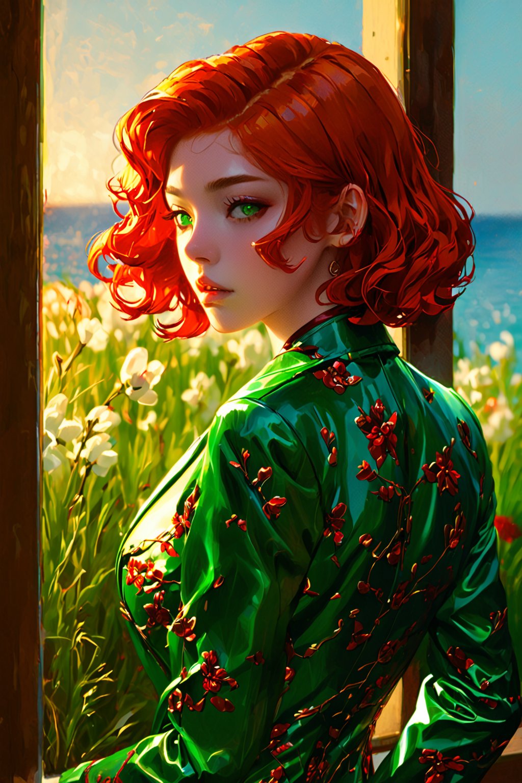 Beautiful sensual woman with perfect body looking through the window, window opened to the sea vision, surrealistic scene, (glowing green eyes : 1.8), (short wavy natural-red hair : 2), (beautiful make-up : 2), (detailed latex clothes : 1.6), (gucci patterned suit : 1.8), (BBW body : 2.4), (masterpiece), (yoongonji art : 1.8), (beautiful new world art : 1.8), (sam does art : 1.8), (Ilya kuvshinov art : 1.8), lo-fi atmosphere art, (vivid colors, high-contrast, bloom lighting), (depht of field : 2), beautiful blossom scene, sunrays lighting, 