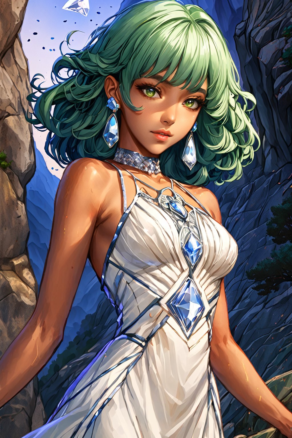 beautiful lady with theme of fantasy and sci-fi, (smirks : 2), green wavy hair, gray eyes, tanned skin, blushy face, beautiful blue make-up, high-heels, (tight patterned white dress : 1.8), (opala jewelry : 2), (crystal earings : 2), bad-omen concept girl, sensual, starlits skies, midnight cliff, full body view, (uhd, hdr, post-processing, vivid colors, high-contrast, realistic lighting, bloom lighting), (depht of field : 2), (realistic anime cgi art : 1.4), (manhwa wallpaper art : 1.4), (yoongonji art : 2),