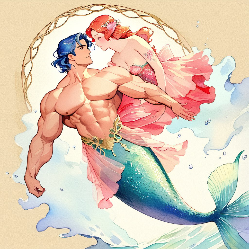 mermaid men are swimming in blue water, mature, handsome, muscle, beefy, masculine, charming, alluring, affectionate eyes, lookat viewer, (perfect anatomy), perfect proportions, best quality, masterpiece, high_resolution, Dutch angle, cowboy shot, watercolor,muscular_female, art nouveau,EXMU,Lewis Smith