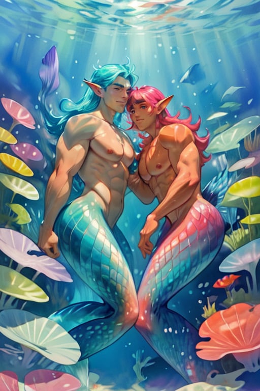 ((best quality)), ((masterpiece)), (detailed),  ((perfect face)), male,  two mermen are swimming, two merfolks, lean and muscular body, Long finned ears, fins, tail glows slightly with luminous scales, mermaid tail, bioluminescent, markings along his body,watercolor,perfect light,<lora:659111690174031528:1.0>