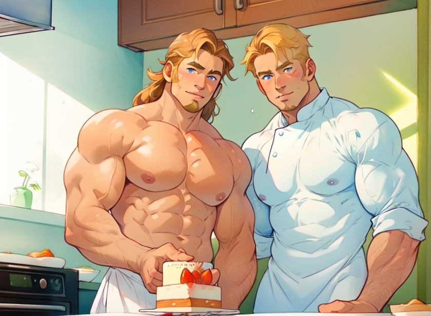 two men (two male), the one man has dark brown long hair, the other man character has short blond hair, blue eyes, they are eating cake, comfortable kitchen, motning, light color predominates, mature, handsome, muscle, mature, muscular, beefy, masculine, charming, alluring, affectionate eyes, lookat viewer, (perfect anatomy), perfect proportions, best quality, white colors, masterpiece, high_resolution, Dutch angle, cowboy shot, kitchen background, watercolor, soft linear, simple colors, no shadows, no shading, black contour line