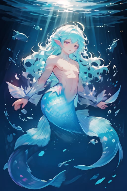 ((best quality)), ((masterpiece)), (detailed),  ((perfect face)), male, sharp eyes, mermen are swimming, merfolks, lean and muscular body, Long finned ears, fins, tail glows slightly with luminous scales, mermaid tail, bioluminescent, markings along his body,watercolor,perfect light,<lora:659111690174031528:1.0>