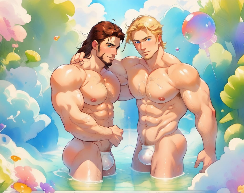 two men (two male), the one man has dark brown (dark hair) long hair, the other man character has short blond hair, blue eyes, they are in the bath in the water, there is foam on the water and there is a lot of foam around, rainbow soap bubbles are flying, white color predominates, no clothing, mature, handsome, muscle, mature, muscular , beefy, masculine, charming, alluring, affectionate eyes, lookat viewer, (perfect anatomy), perfect proportions, best quality, in the bathroom, in the morning, they are surrounded by soap foam, masterpiece, high_resolution, Dutch angle, cowboy shot, bathroom background,cloudstick,watercolor