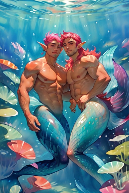 ((best quality)), ((masterpiece)), (detailed),  ((perfect face)), male,  two mermen are swimming, two merfolks, lean and muscular body, Long finned ears, fins, tail glows slightly with luminous scales, mermaid tail, bioluminescent, markings along his body,watercolor,perfect light,<lora:659111690174031528:1.0>