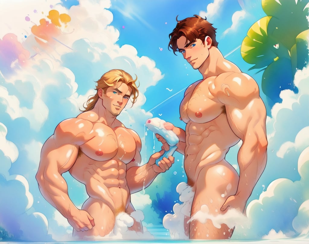 two men (two male), the one man has dark brown (dark hair) long hair, the other man character has short blond hair, blue eyes, they are in the bath in the water, there is foam on the water and there is a lot of foam around, rainbow soap bubbles are flying, white color predominates, no clothing, mature, handsome, muscle, mature, muscular , beefy, masculine, charming, alluring, affectionate eyes, lookat viewer, (perfect anatomy), perfect proportions, best quality, in the bathroom, in the morning, they are surrounded by soap foam, masterpiece, high_resolution, Dutch angle, cowboy shot, bathroom background,cloudstick,watercolor